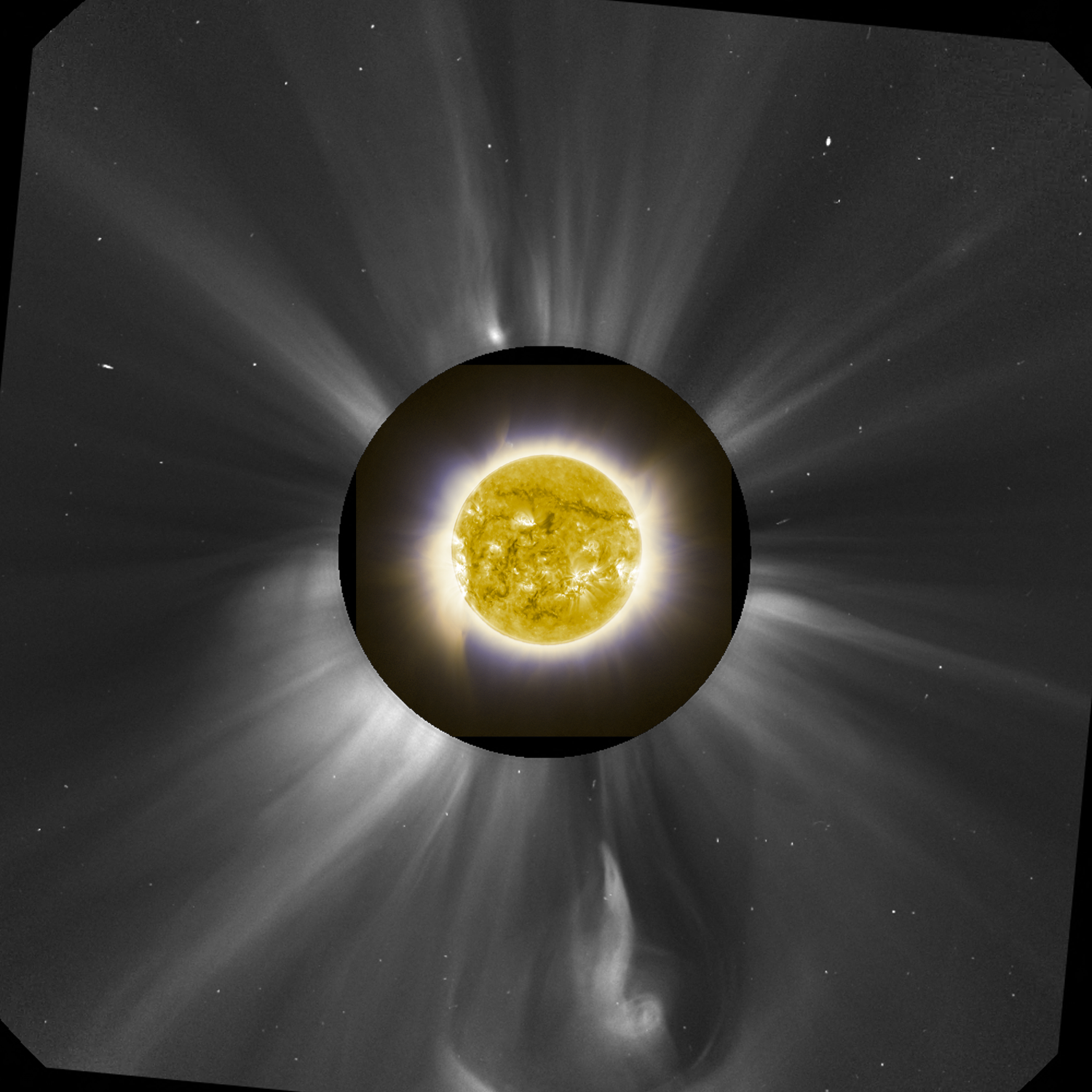 APOD image combining ground-based eclipse corona with SOHO satellite data