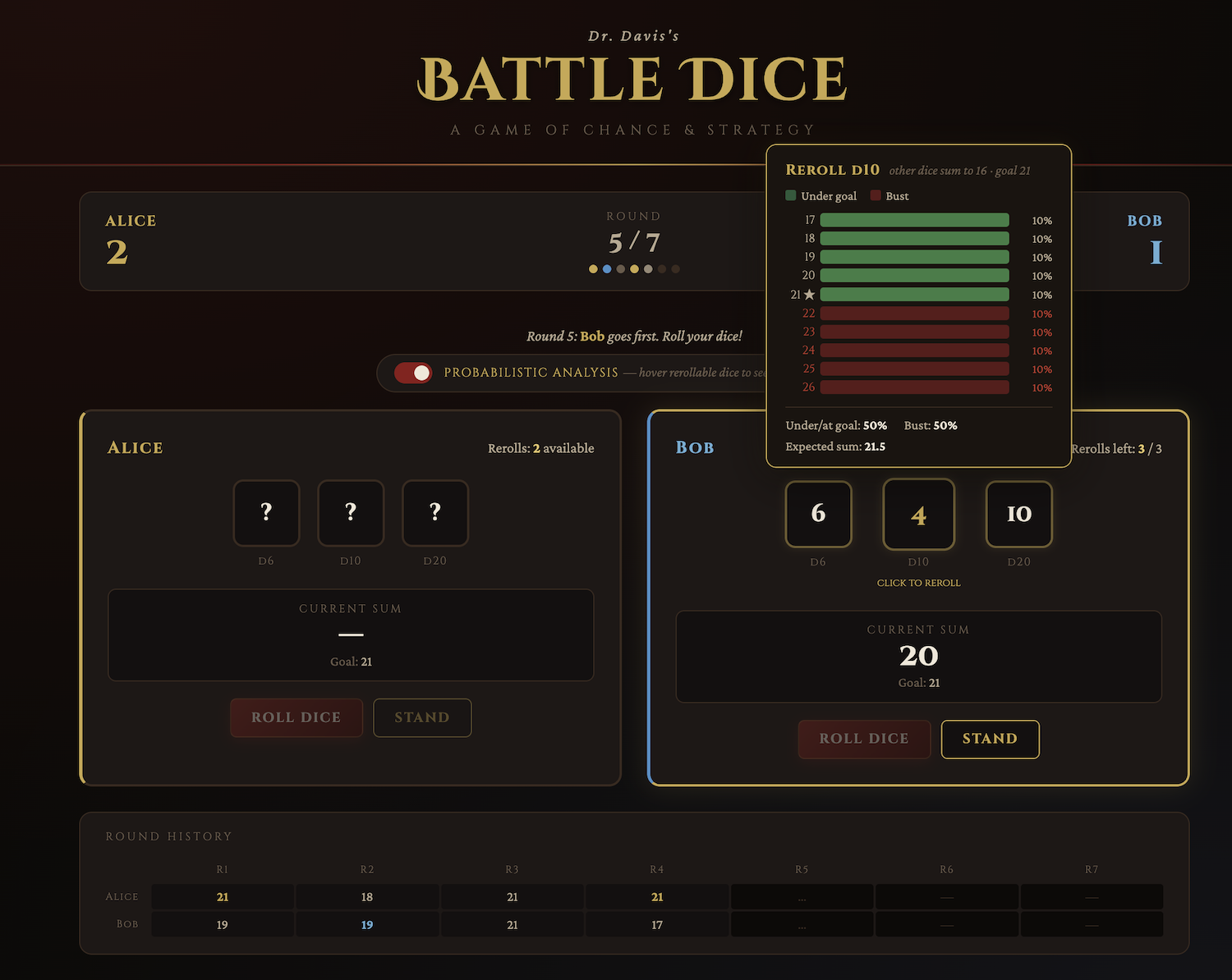 Screenshot of the Battle Dice game, one of the classroom tools.