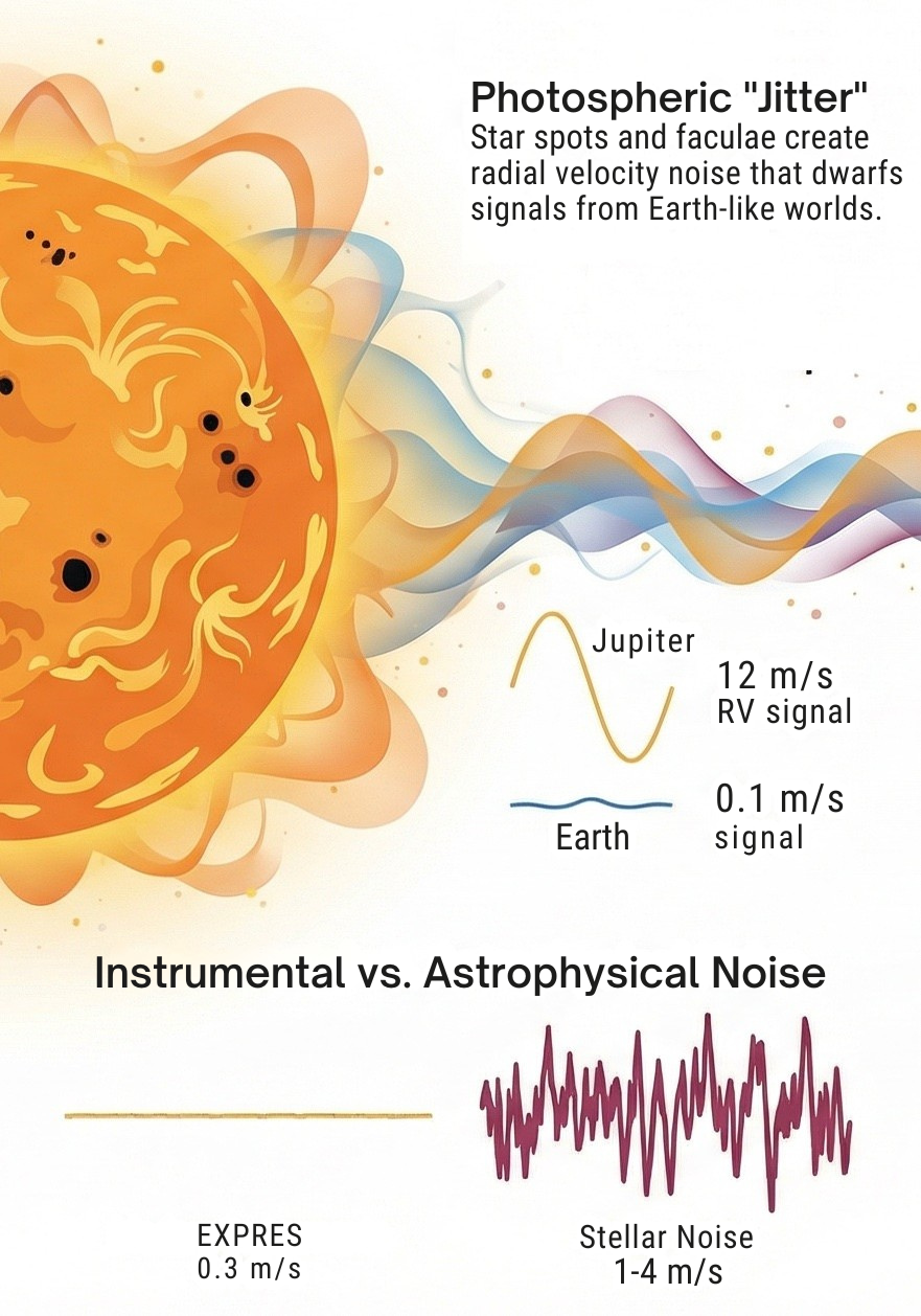 Diagram illustrating photospheric jitter from starspots and faculae, showing how stellar noise at 1-4 m/s dwarfs the Earth RV signal of 0.1 m/s, compared to EXPRES instrumental noise of 0.3 m/s.