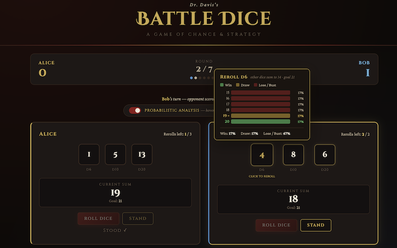 Screenshot of the Battle Dice game.