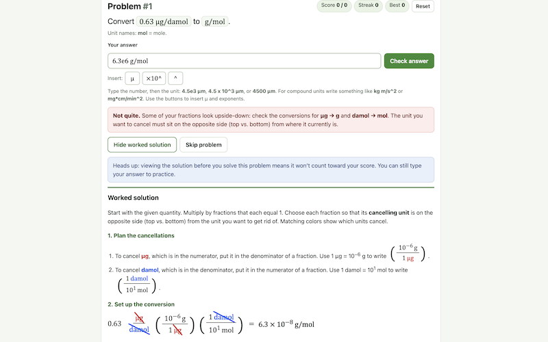 Screenshot of the Unit Conversion Practice tool.